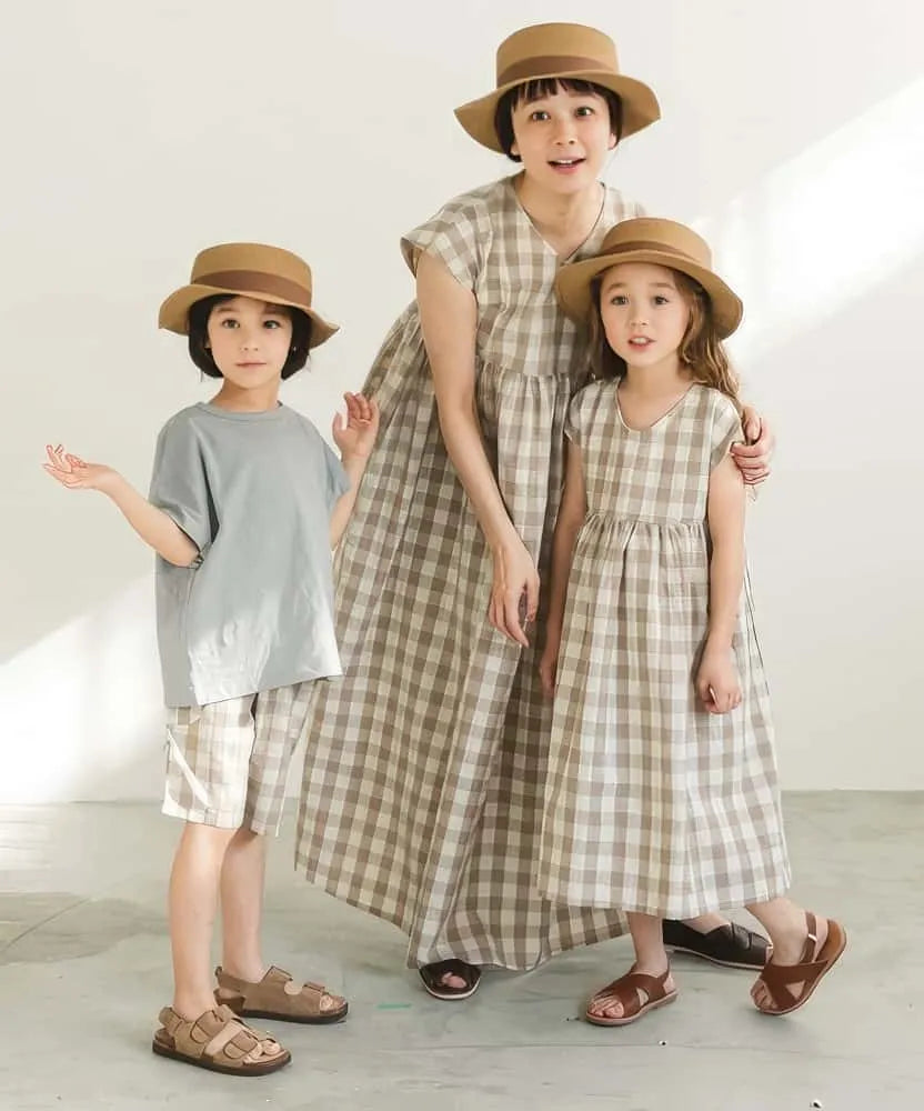 2-WAY Checked Cotton Short Sleeve One Piece Dress